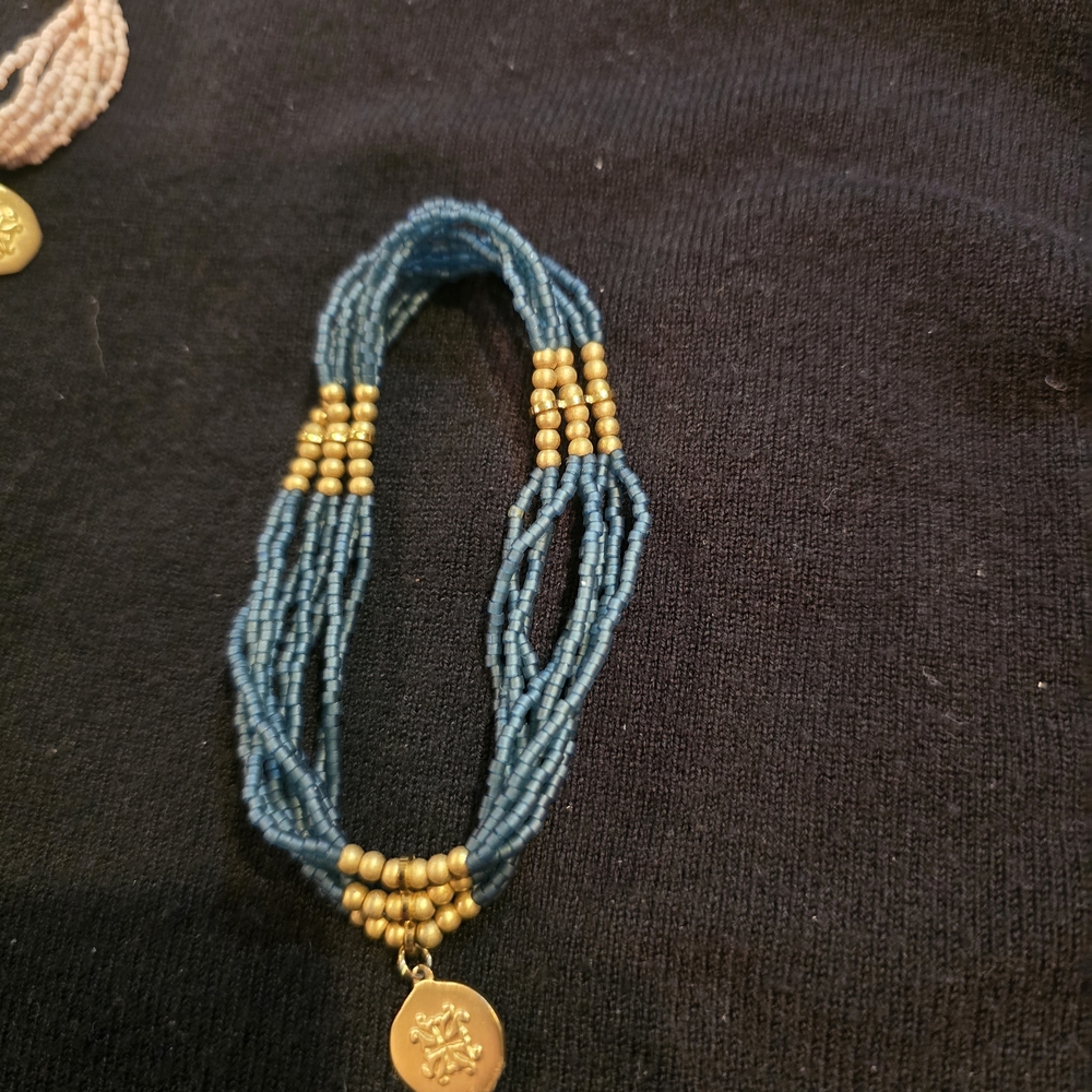 Rustic Cuff Blue Multi-Strand Seed Bead Bracelet with Gold Accents